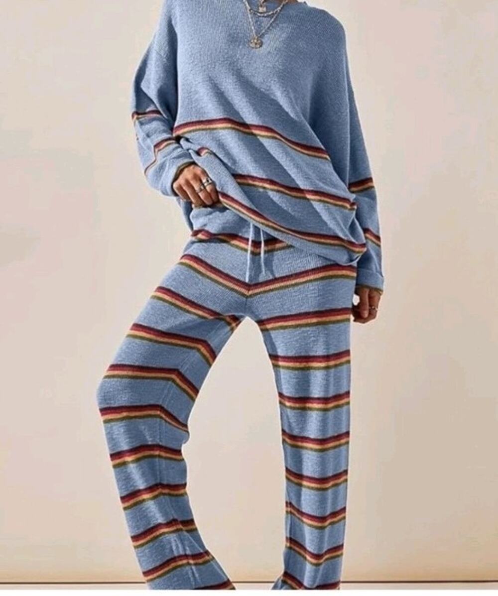 Free People Beach Mariner Knit Sweater Pants Matching Set L Blue Striped Lounge